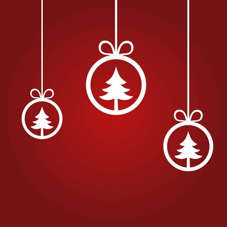 Christmas balls with christmas trees. Red background. . Vector illustration.のイラスト素材
