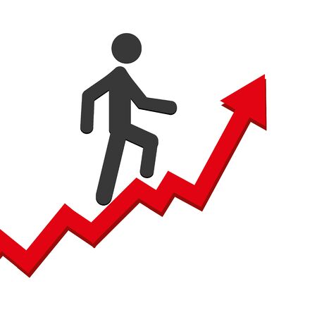 A man goes up the stairs with an arrow, growth of business concept and the path to success, icon design vector illustration isolated on white background.のイラスト素材