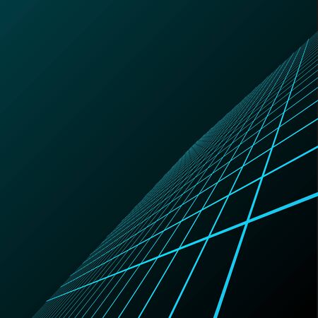 Vector perspective grid. Abstract wireframe landscape. Detailed lines on dark background. 3d vector illustrationのイラスト素材