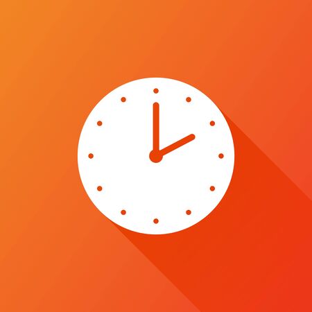 Clock icon, flat design. Vector illustration with long shadow on orange background.のイラスト素材