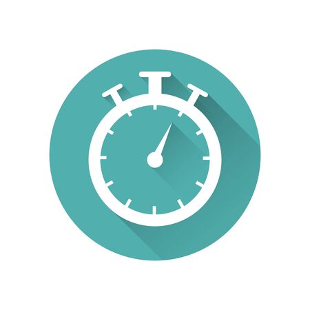 Stopwatch timer icon, button, vector illustration on a blue background with a long shadow