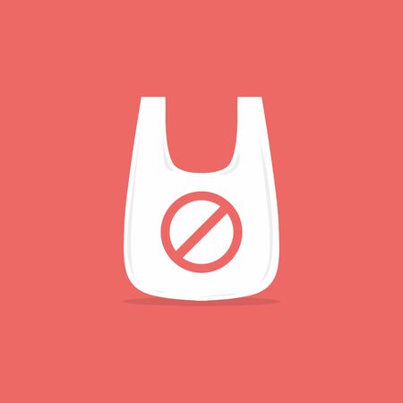 Stop using plastic products set, stop using plastic bottles, stop using plastic bags, stop using plastic straws on red background.のイラスト素材
