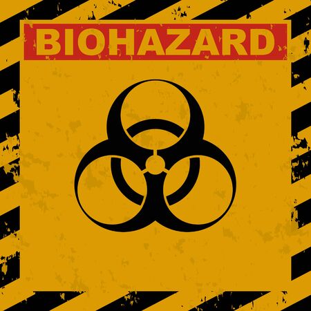 Vector grunge illustration of Biohazard warning label sign. Infected Specimen, yellow, black and red danger symbol with worn, scratchy and rusty texturesのイラスト素材