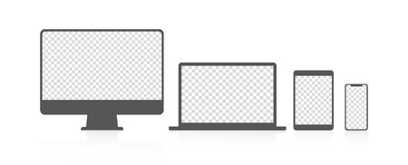 Device icons: smart phone, tablet, laptop and desktop computer. Vector illustration of responsive web design.のイラスト素材