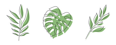 Collection of tropical leaves, set of exotic tropical Hawaiian foliage. vector illustration isolated on white background.のイラスト素材