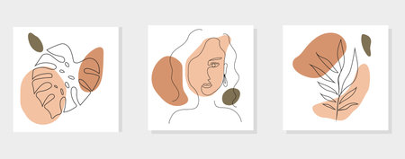 Simple linear female beauty face. Graphic sheet. Vector design. Line drawing. Female portrait. Foliage. Frame on the wall. Abstract. Vector illustrationのイラスト素材