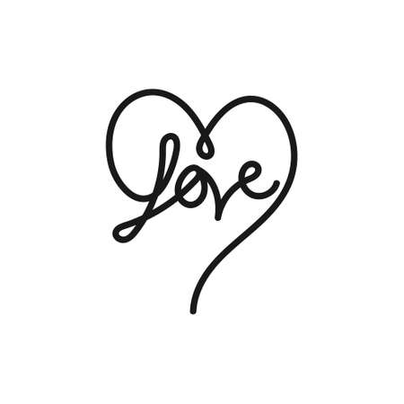 black line heart hand drawn symbol sign with love text isolated on white. Continuous continuous line lettering word. On a white background.のイラスト素材
