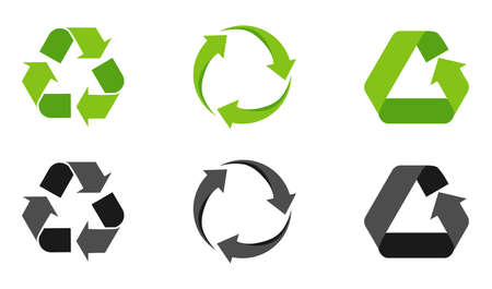 Set of recycling signs, arrow icons isolated on white. Recycling environmental symbols. Recycling sign. Vector illustration.のイラスト素材