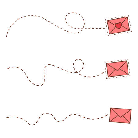 Pink set festive envelope with hearts. Email address. Dotted line envelope. Holiday invitation envelope.のイラスト素材