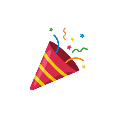 confetti party popper icon, fireworks logo, cap, flat design. Vector illustration isolated on white background.のイラスト素材