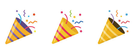 Set confetti party popper icon, fireworks logo, cap, flat design. Vector illustration isolated on white background.のイラスト素材