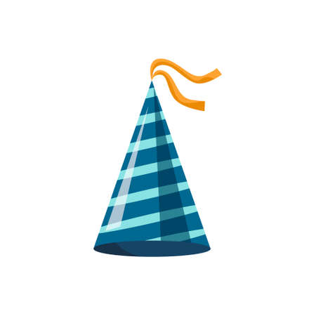 Blue party hat with white stripes. Accessory, symbol of the holiday isolated on white backgroundのイラスト素材