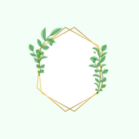 Abstract art vector.Gold frame with leaves. Artistic gold lines with botanical leaves, watercolor.のイラスト素材