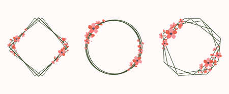 Frames with red flowers. Set of isolated geometric frames for wedding invitation. vector illustrationのイラスト素材