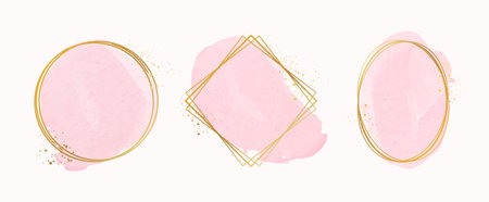Set of golden frames with watercolor splashes. watercolor strokes. Pink brush strokes. vector illustrationのイラスト素材