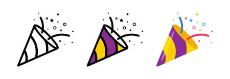 Set confetti party popper icon, fireworks  , cap, flat design. Vector illustration isolated on white backgroundのイラスト素材