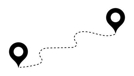 Route location icon, two pin signs and dotted road line, path start and end symbol on white background. vector illustrationのイラスト素材