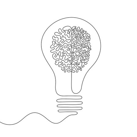Continuous line drawing of light bulb and human brain logo. Idea conceptのイラスト素材