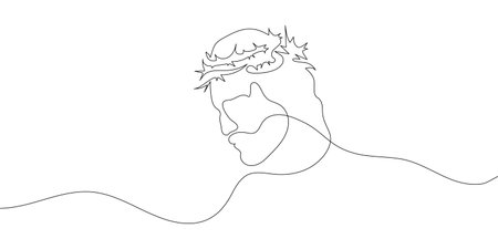 Continuous one line drawing of Jesus Christ with crown of thorns. Linear background. vector illustrationのイラスト素材
