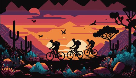 A group of cyclists in the mountains at sunset. Cycling race against the backdrop of a beautiful landscape. vector illustrationのイラスト素材