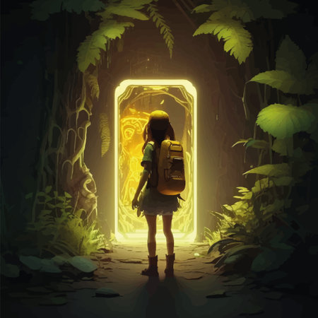 The girl looks at the magical luminous gate. 3d cartoon illustration of game place. . vector illustrationのイラスト素材