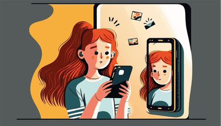 A young girl looks into a smartphone. The girl is holding a mobile phone in her hands. vector illustrationのイラスト素材