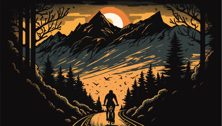 Cyclist on the road in the mountains at sunset. vector illustrationのイラスト素材