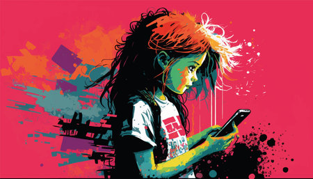 A young girl looks into a smartphone. The girl is holding a mobile phone in her hands. vector illustrationのイラスト素材