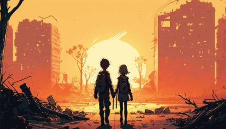Illustration of a boy and a girl holding hands looking at the ruined city. vector illustration