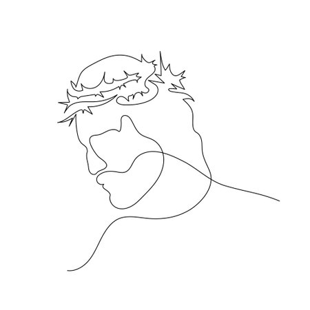 Continuous one line drawing of Jesus Christ with crown of thorns. Linear background. vector illustrationのイラスト素材