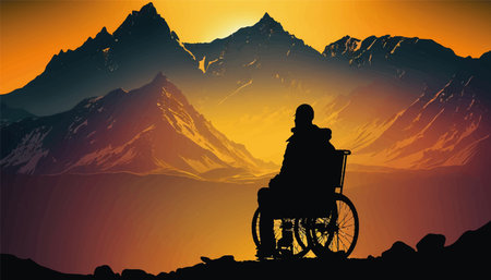Silhouette of a disabled person on the background of mountains. Man on a wheelchair in nature. vector illustrationのイラスト素材