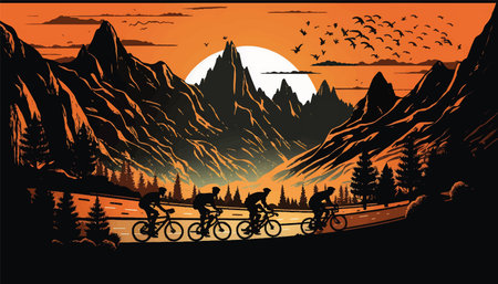 A group of cyclists in the mountains at sunset. Cycling race against the backdrop of a beautiful...