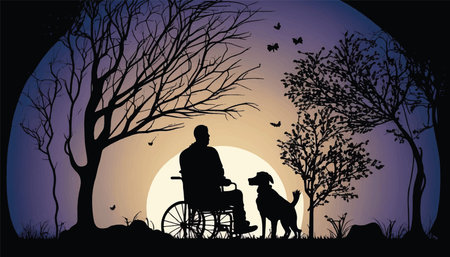 silhouette of a man in a wheelchair with a dog on the background of nature. vector illustrationのイラスト素材