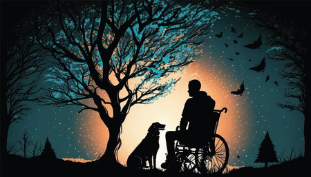 silhouette of a man in a wheelchair with a dog on the background of nature. vector illustrationのイラスト素材