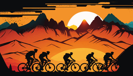 A group of cyclists in the mountains at sunset. Cycling race against the backdrop of a beautiful landscape. vector illustrationのイラスト素材