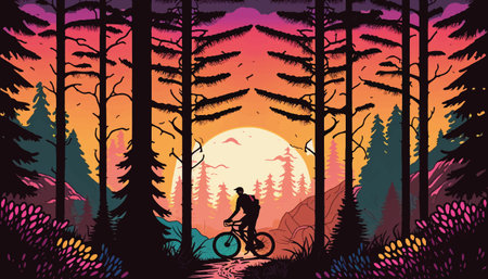 Cyclist on the road in the forest at sunset. vector illustration.のイラスト素材