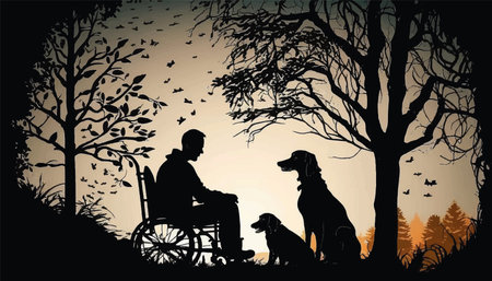 silhouette of a man in a wheelchair with a dog on the background of natureのイラスト素材