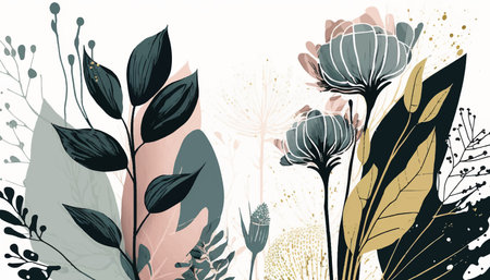 floral background decorated with blooming flowers and leaves. Flat illustration .Vector illustrationのイラスト素材