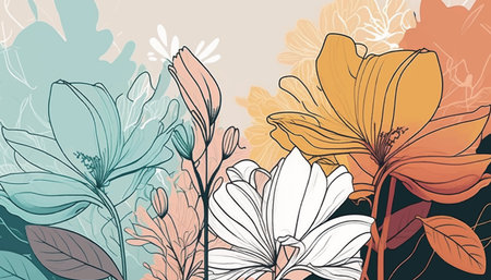 floral background decorated with blooming flowers and leaves. Flat illustration .Vector illustrationのイラスト素材
