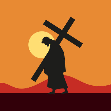Jesus carrying the cross on his shoulders at sunset. vector illustrationのイラスト素材
