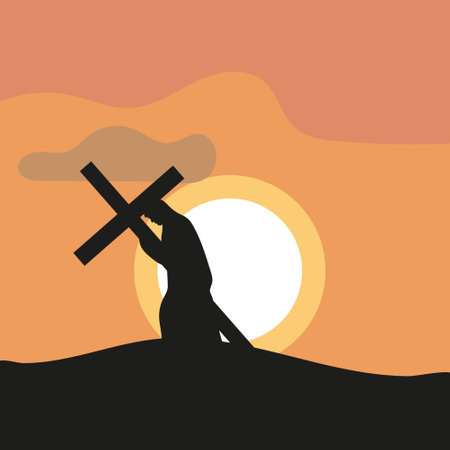 Jesus carrying the cross on his shoulders at sunset. vector illustrationのイラスト素材