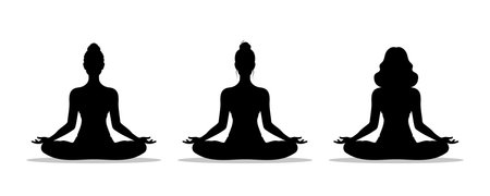 Woman sitting in lotus yoga pose. Continuous one line drawing on white background. vector illustrationのイラスト素材