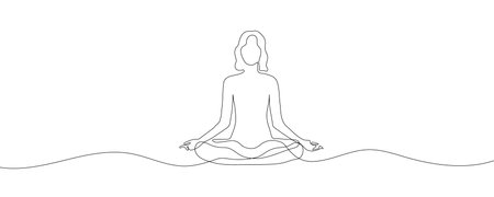 Woman sitting in lotus yoga pose. Continuous one line drawing on white background. vector illustrationのイラスト素材
