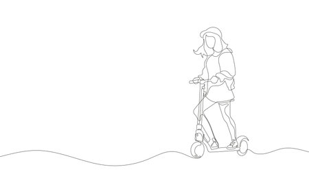 Girl on a one line electric scooter. Continuous line drawing scooterのイラスト素材