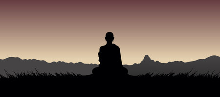Black silhouette of the Buddha sitting on the mountain. vector illustrationのイラスト素材