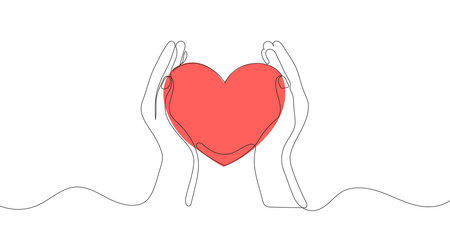 Continuous one line drawing of hands holding a heart on a white background. vector illustrationのイラスト素材