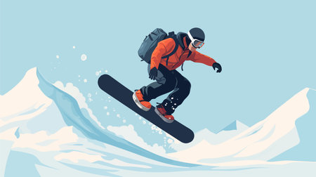 Snowboarding, snowboarder jumping in snowy mountains, background. Man with snowboard in flat style. vector illustrationのイラスト素材