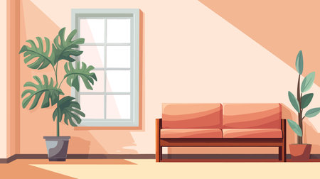 Illustration of a room with an armchair near the window, with a potted plant for home interior. Colorful cartoon flat vector illustration of furniture decorations. vector illustrationのイラスト素材