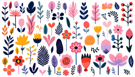 Hand drawn abstract wildflowers, set flowers and leaves, flat icons. vector illustrationのイラスト素材