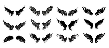 Set of black wings icons. Badges with wings. Collection badges with wings in flat style. Vector illustrationのイラスト素材